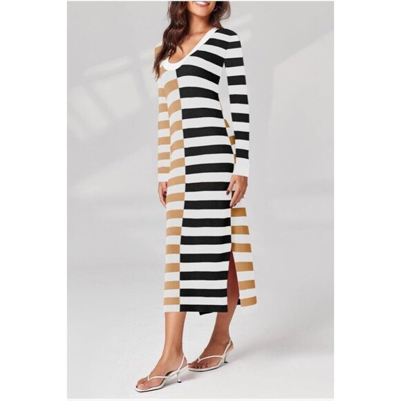 Wenrine Womens Fall Long Sweater Dress Long Sleeve Striped Maxi Sz Large - Picture 2 of 3